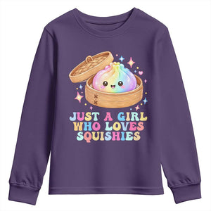 Just A Girl Who Loves Squishies Youth Sweatshirt Cute Rainbow Dumpling Squishy Graphic TS10 Purple Print Your Wear