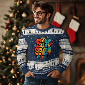 Fun Six Seven Graffiti Ugly Christmas Sweater Funny 67 Meme Gen Alpha Slang Streetwear Hip Hop TS10 Navy Beige Print Your Wear