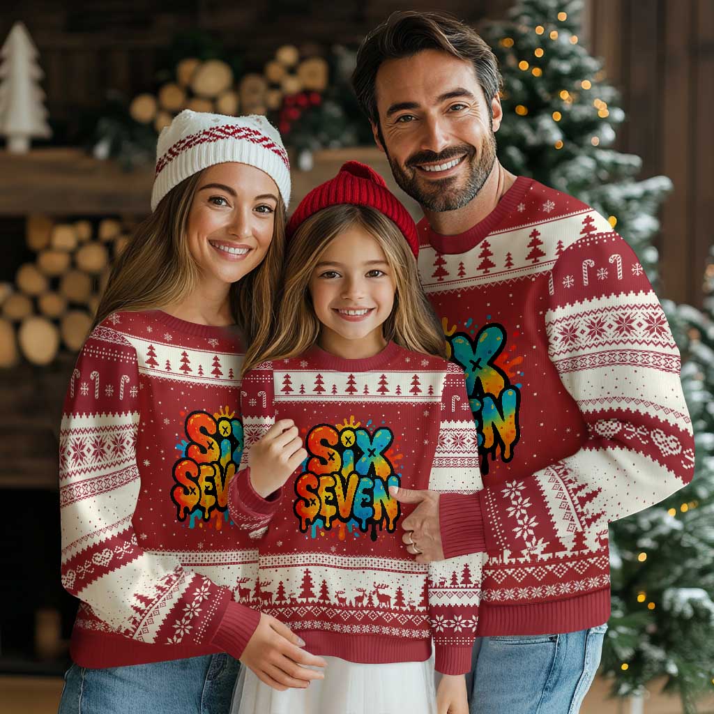 Fun Six Seven Graffiti Ugly Christmas Sweater Funny 67 Meme Gen Alpha Slang Streetwear Hip Hop TS10 Red Beige Print Your Wear