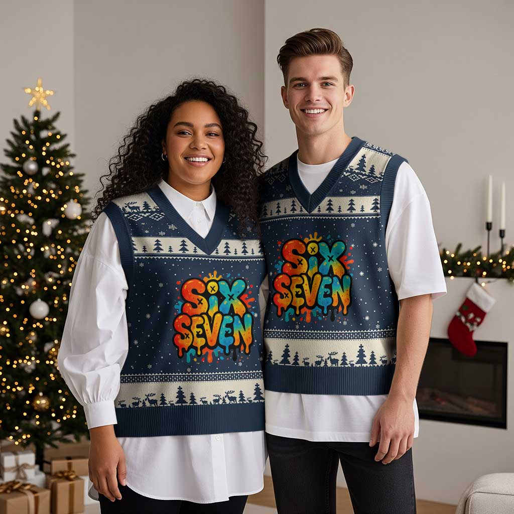 Fun Six Seven Graffiti V-Neck Knit Sweater Vest Funny 67 Meme Gen Alpha Slang Streetwear Hip Hop TS10 Navy Beige Print Your Wear
