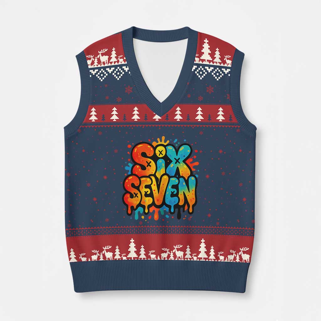 Fun Six Seven Graffiti V-Neck Knit Sweater Vest Funny 67 Meme Gen Alpha Slang Streetwear Hip Hop TS10 Navy Red Print Your Wear