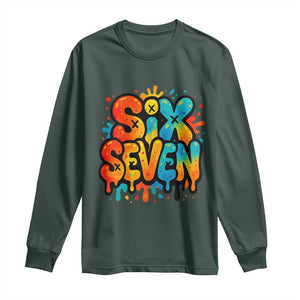 Fun Six Seven Graffiti Long Sleeve Shirt Funny 67 Meme Gen Alpha Slang Streetwear Hip Hop TS10 Dark Forest Green Print Your Wear