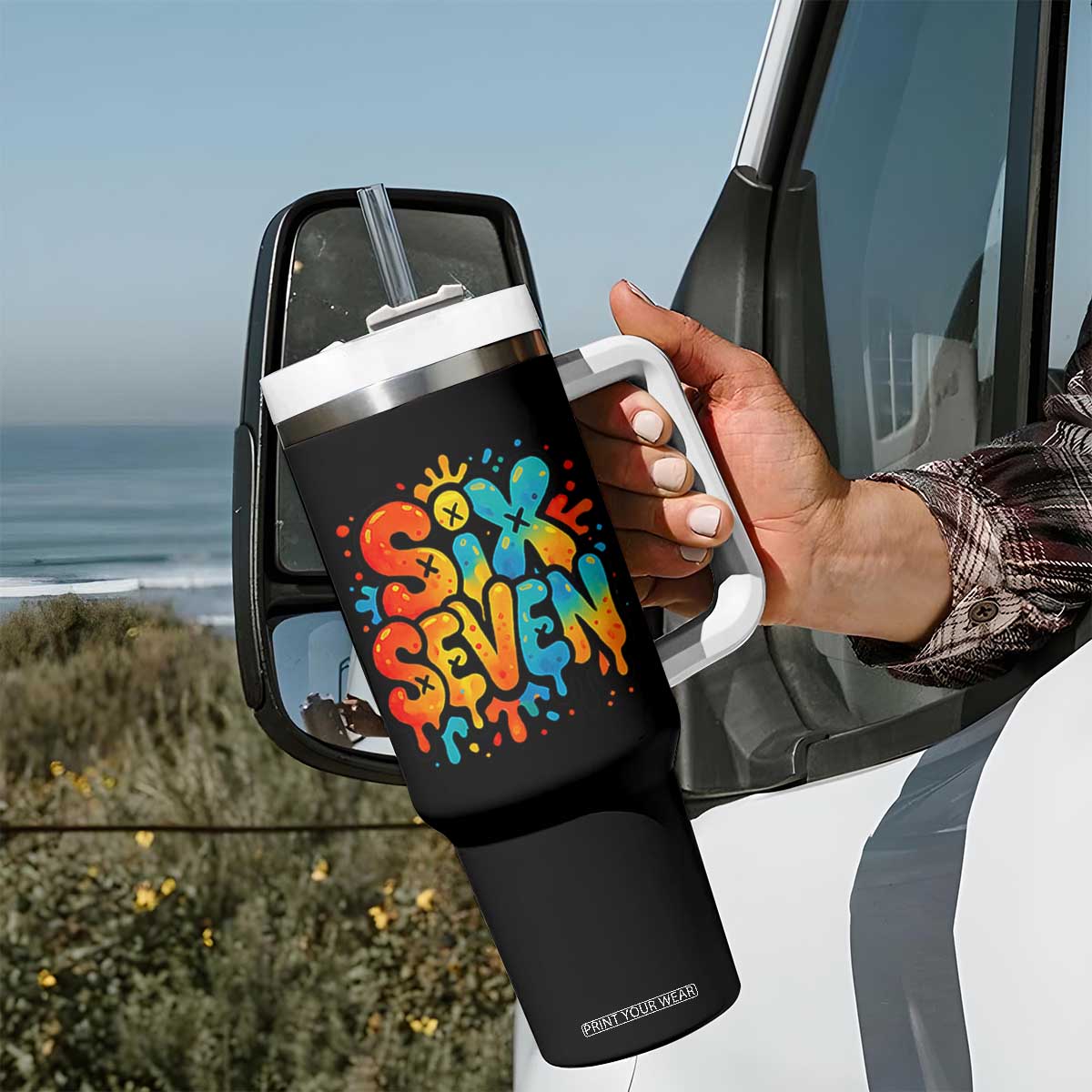 Fun Six Seven Graffiti Tumbler With Handle Funny 67 Meme Gen Alpha Slang Streetwear Hip Hop TS10 Print Your Wear