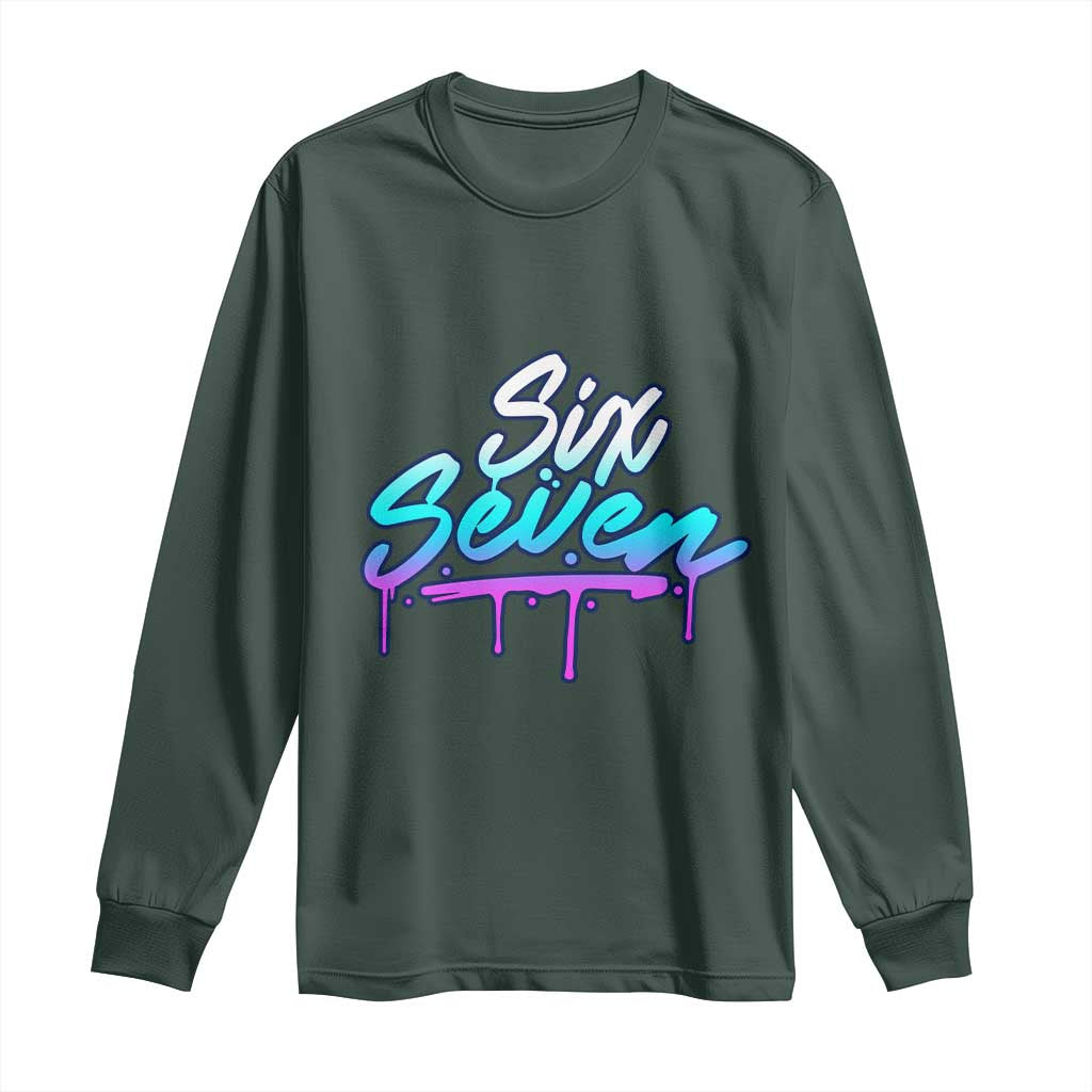 Fun Six Seven Long Sleeve Shirt Funny 6 7 Meme Gen Alpha Slang Streetwear Gradient TS10 Dark Forest Green Print Your Wear