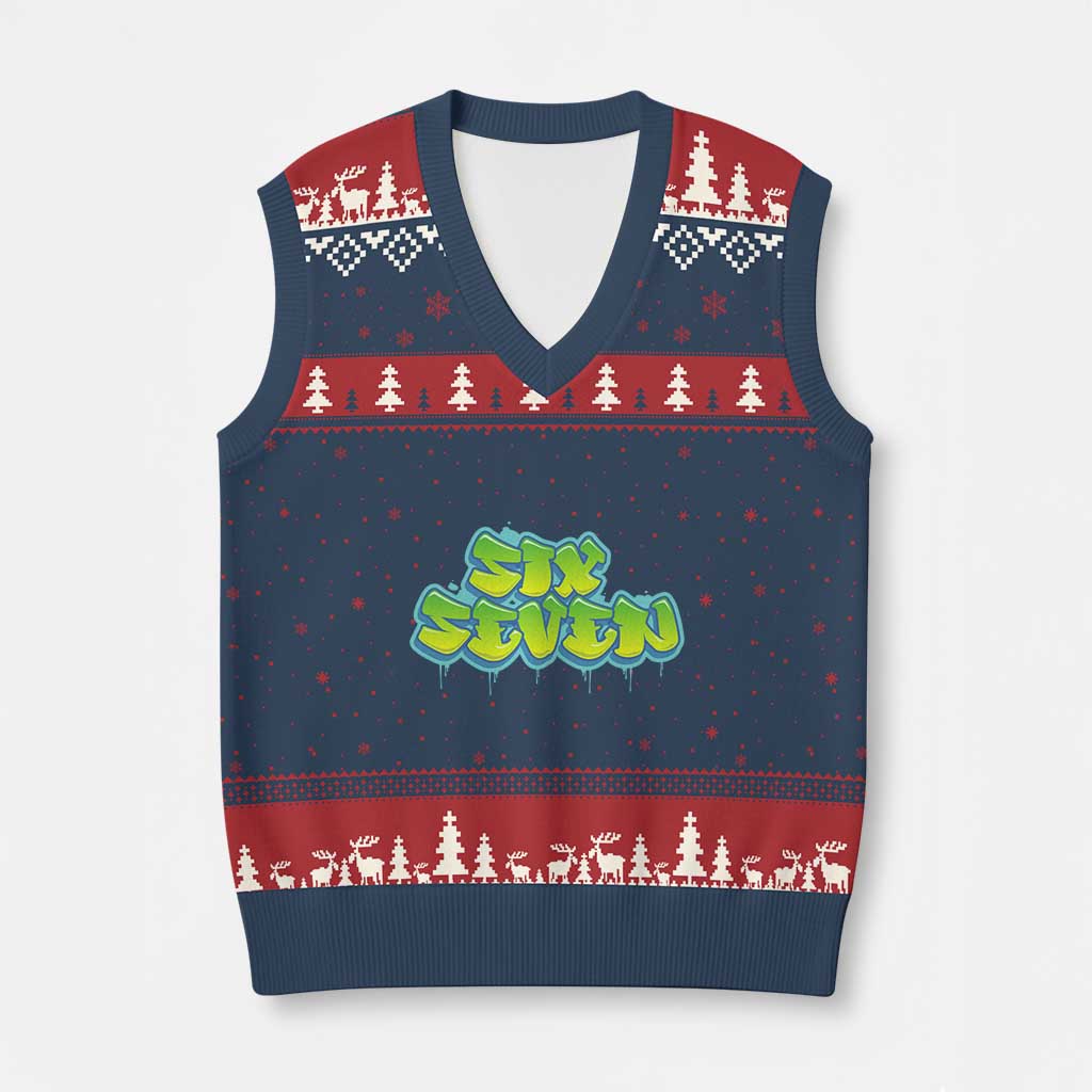67 Meme V-Neck Knit Sweater Vest Six Seven Funny Gen Alpha Slang Saying TS10 Navy Red Print Your Wear