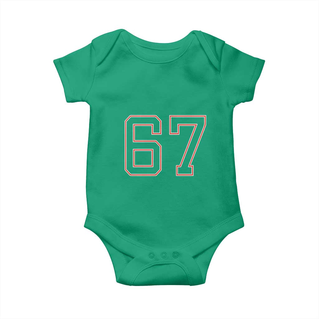 Number 67 Meme Baby Onesie Funny Six Seven Varsity Sports Team Jersey TS10 Irish Green Print Your Wear