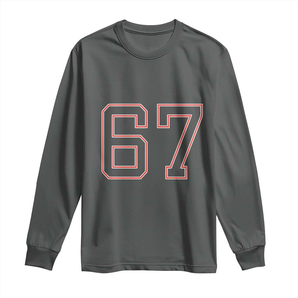 Number 67 Meme Long Sleeve Shirt Funny Six Seven Varsity Sports Team Jersey TS10 Dark Heather Print Your Wear