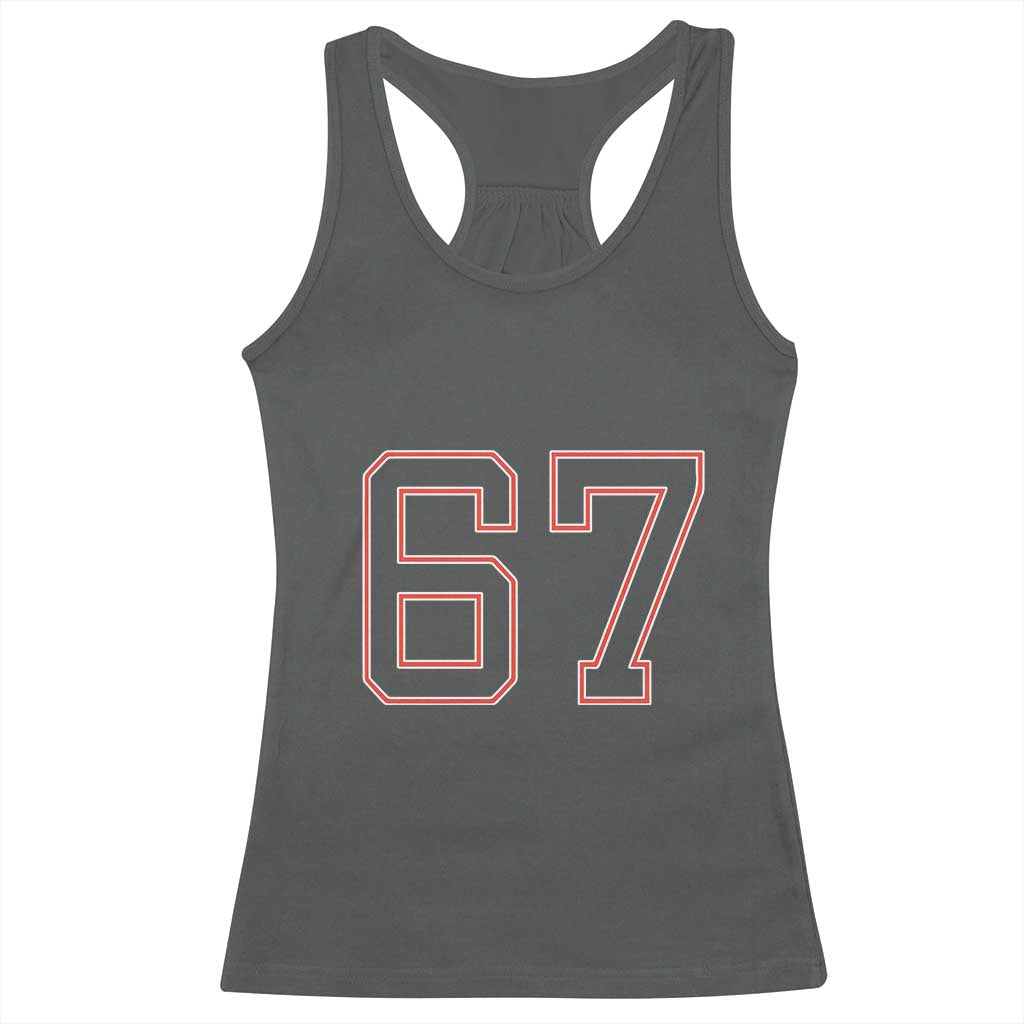 Number 67 Meme Racerback Tank Top Funny Six Seven Varsity Sports Team Jersey TS10 Dark Heather Print Your Wear