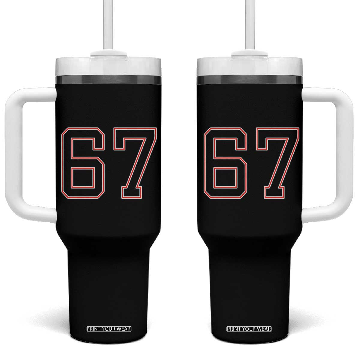 Number 67 Meme Tumbler With Handle Funny Six Seven Varsity Sports Team Jersey TS10 One Size: 40 oz Black Print Your Wear