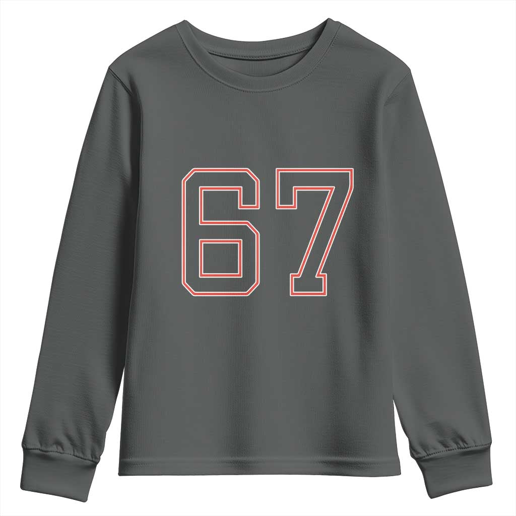 Number 67 Meme Youth Sweatshirt Funny Six Seven Varsity Sports Team Jersey TS10 Dark Heather Print Your Wear