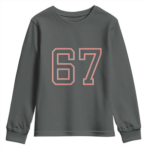 Number 67 Meme Youth Sweatshirt Funny Six Seven Varsity Sports Team Jersey TS10 Dark Heather Print Your Wear