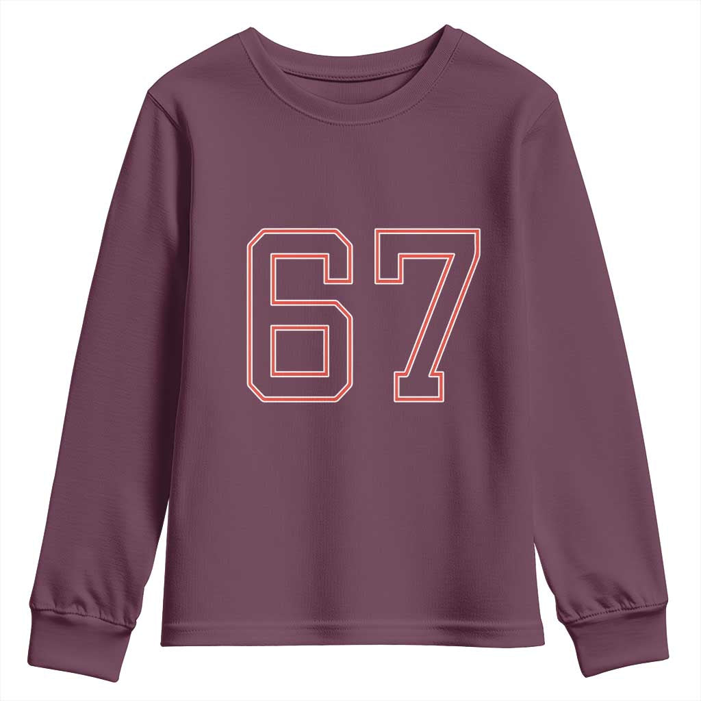 Number 67 Meme Youth Sweatshirt Funny Six Seven Varsity Sports Team Jersey TS10 Maroon Print Your Wear