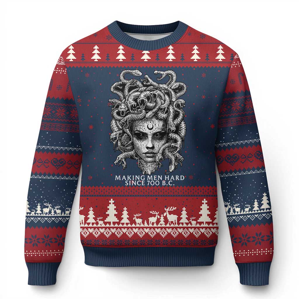 Funny Feminist Medusa Ugly Christmas Sweater Making Men Hard Since 700 B.C Dark Myth Ancient TS10 Navy Red Print Your Wear