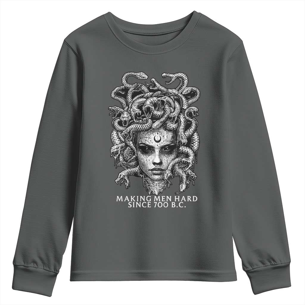 Funny Feminist Medusa Youth Sweatshirt Making Men Hard Since 700 B.C Dark Myth Ancient TS10 Dark Heather Print Your Wear