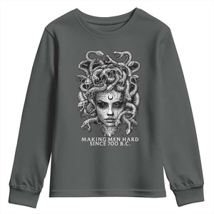 Funny Feminist Medusa Youth Sweatshirt Making Men Hard Since 700 B.C Dark Myth Ancient TS10 Dark Heather Print Your Wear