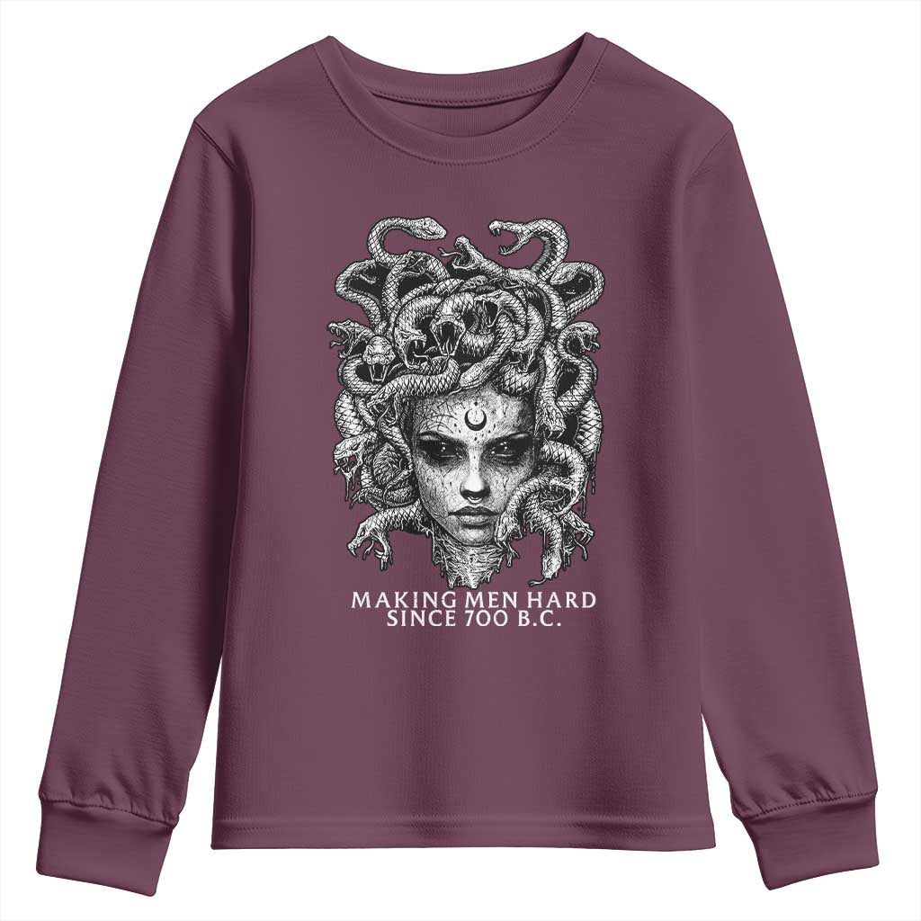 Funny Feminist Medusa Youth Sweatshirt Making Men Hard Since 700 B.C Dark Myth Ancient TS10 Maroon Print Your Wear