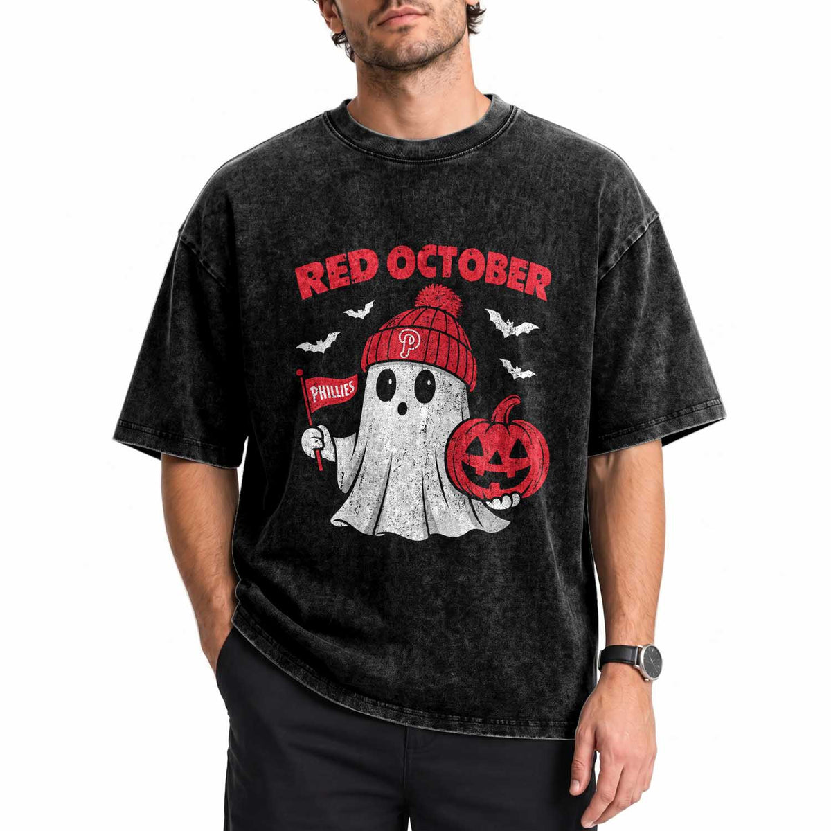 Red October Halloween Ghost Washed Cotton T-Shirt Philadelphia Spooky Pumpkin Baseball Fan