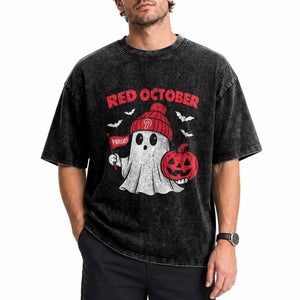 Red October Halloween Ghost Washed Cotton T-Shirt Philadelphia Spooky Pumpkin Baseball Fan