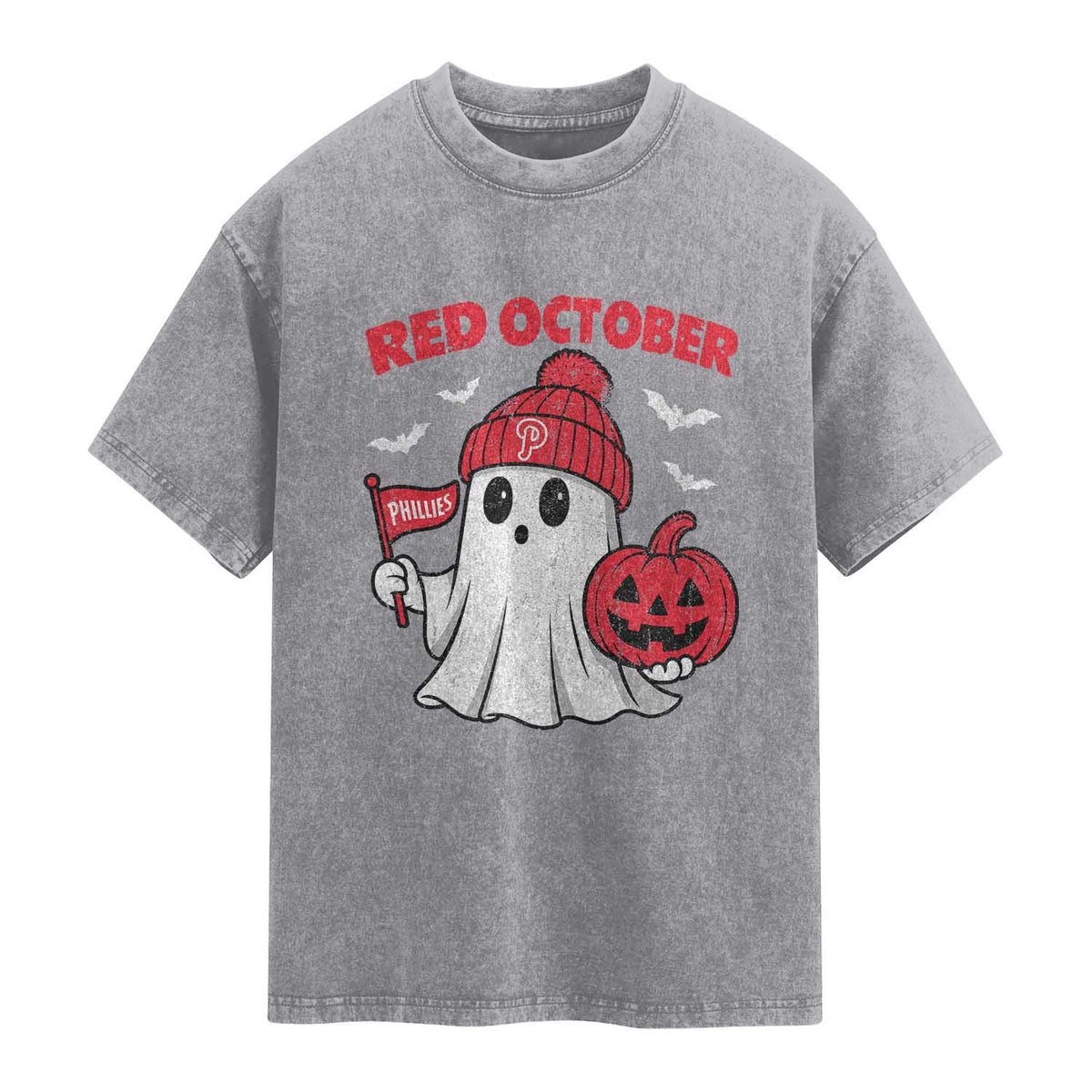 Red October Halloween Ghost Washed Cotton T-Shirt Philadelphia Spooky Pumpkin Baseball Fan