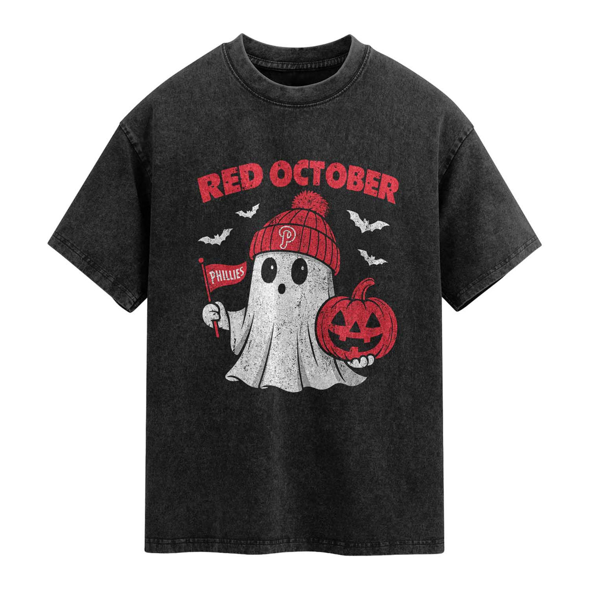 Red October Halloween Ghost Washed Cotton T-Shirt Philadelphia Spooky Pumpkin Baseball Fan