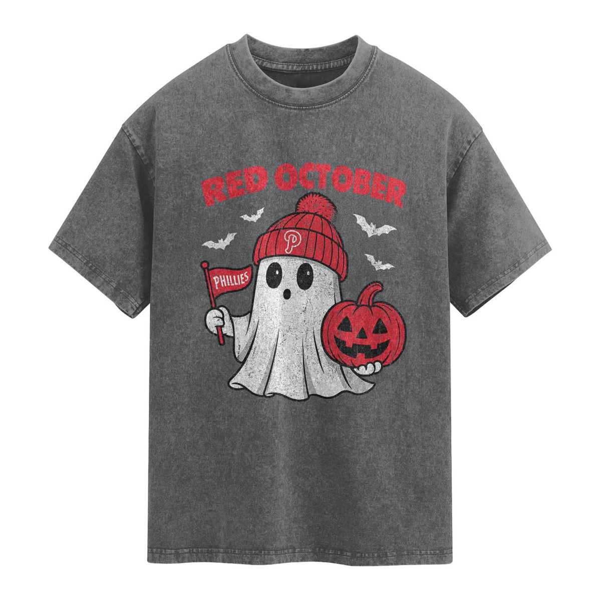 Red October Halloween Ghost Washed Cotton T-Shirt Philadelphia Spooky Pumpkin Baseball Fan