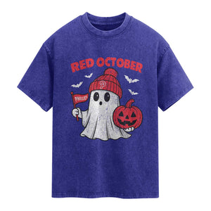 Red October Halloween Ghost Washed Cotton T-Shirt Philadelphia Spooky Pumpkin Baseball Fan