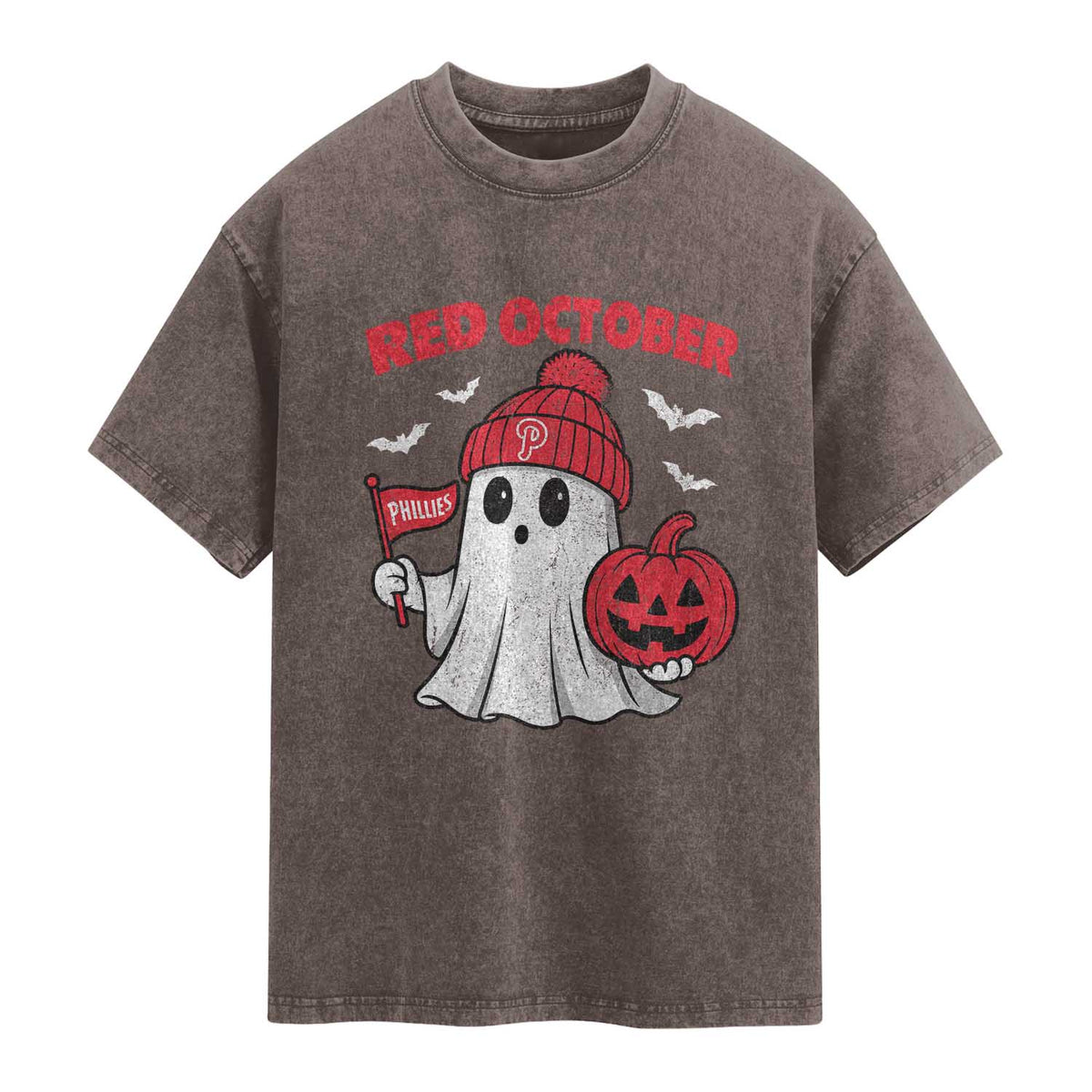 Red October Halloween Ghost Washed Cotton T-Shirt Philadelphia Spooky Pumpkin Baseball Fan