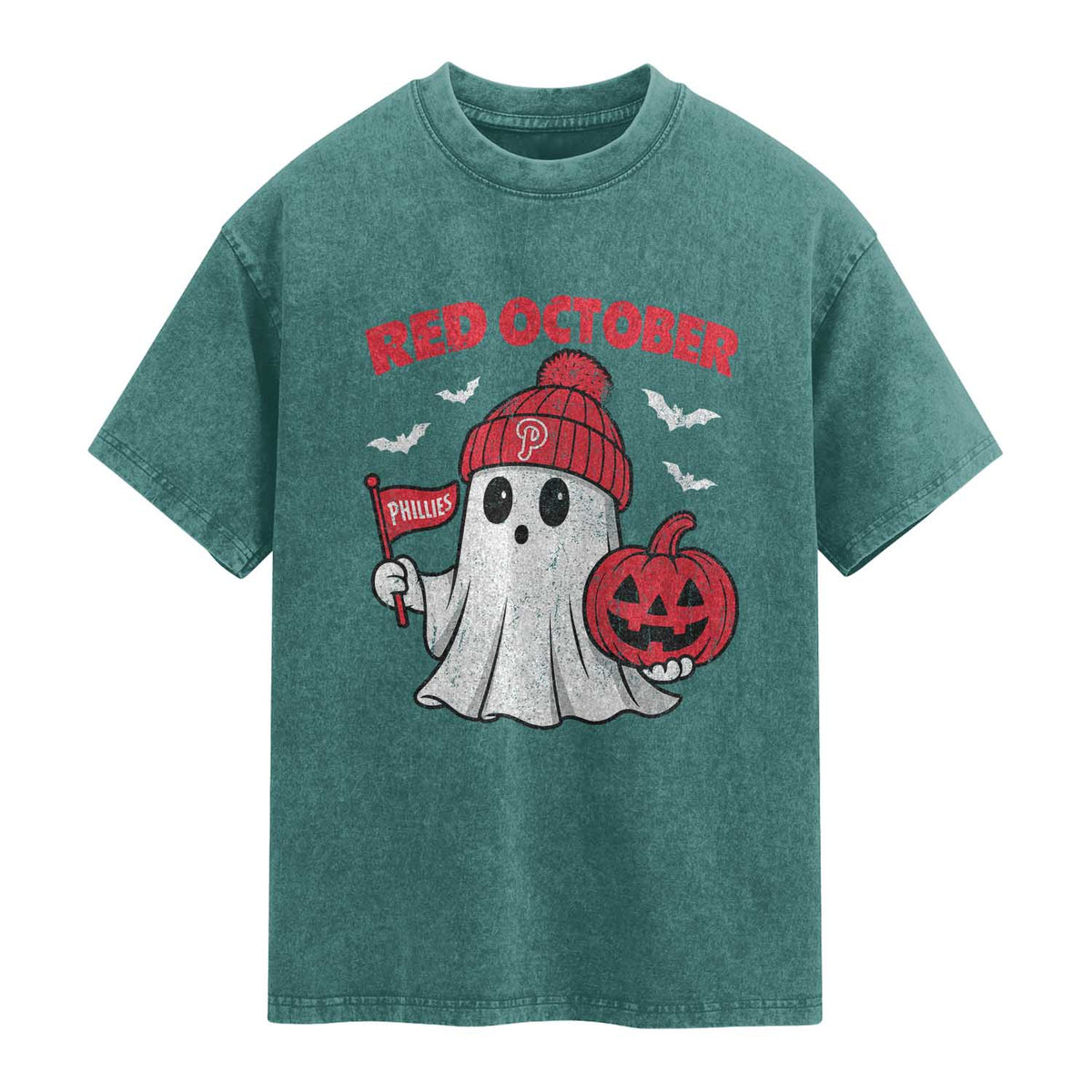 Red October Halloween Ghost Washed Cotton T-Shirt Philadelphia Spooky Pumpkin Baseball Fan