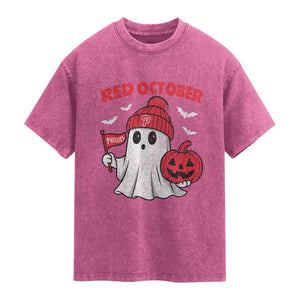 Red October Halloween Ghost Washed Cotton T-Shirt Philadelphia Spooky Pumpkin Baseball Fan