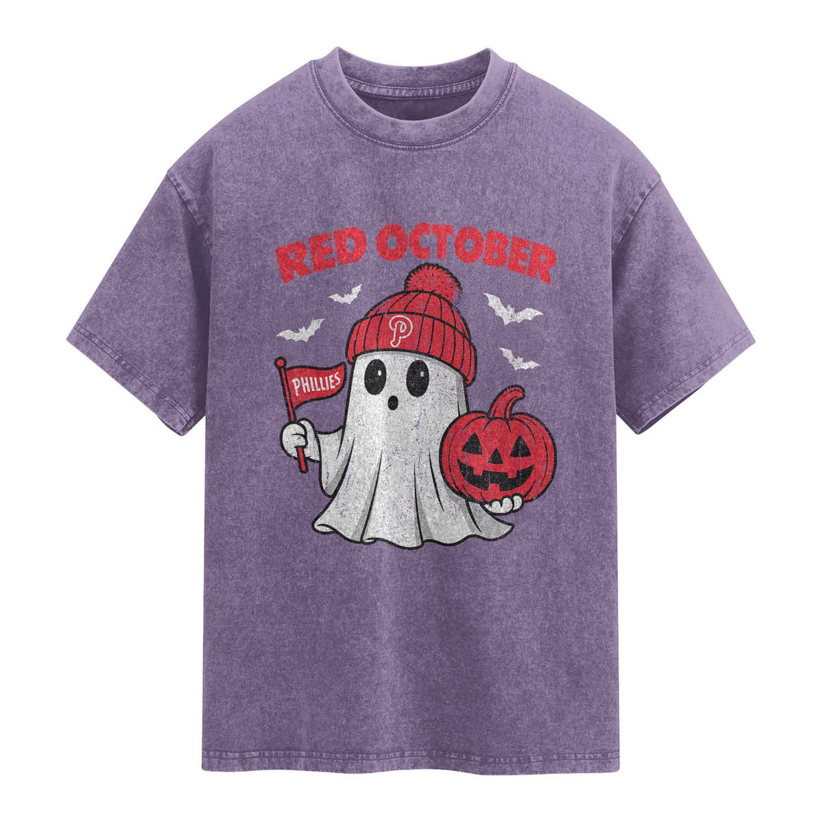 Red October Halloween Ghost Washed Cotton T-Shirt Philadelphia Spooky Pumpkin Baseball Fan