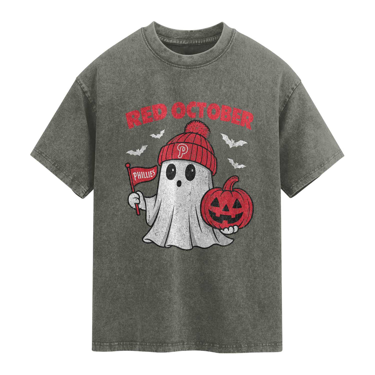 Red October Halloween Ghost Washed Cotton T-Shirt Philadelphia Spooky Pumpkin Baseball Fan