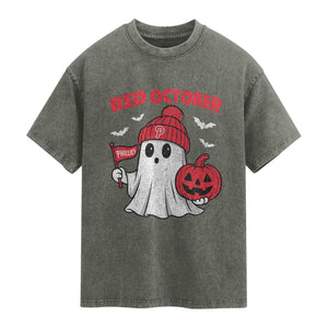 Red October Halloween Ghost Washed Cotton T-Shirt Philadelphia Spooky Pumpkin Baseball Fan