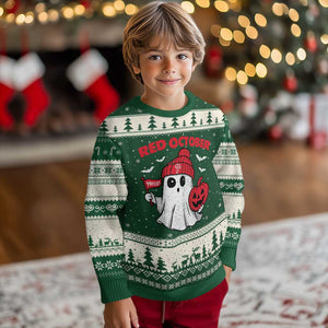 Red October Halloween Ghost Ugly Christmas Sweater Philadelphia Spooky Pumpkin Baseball Fan TS10 Forest Green Beige Print Your Wear