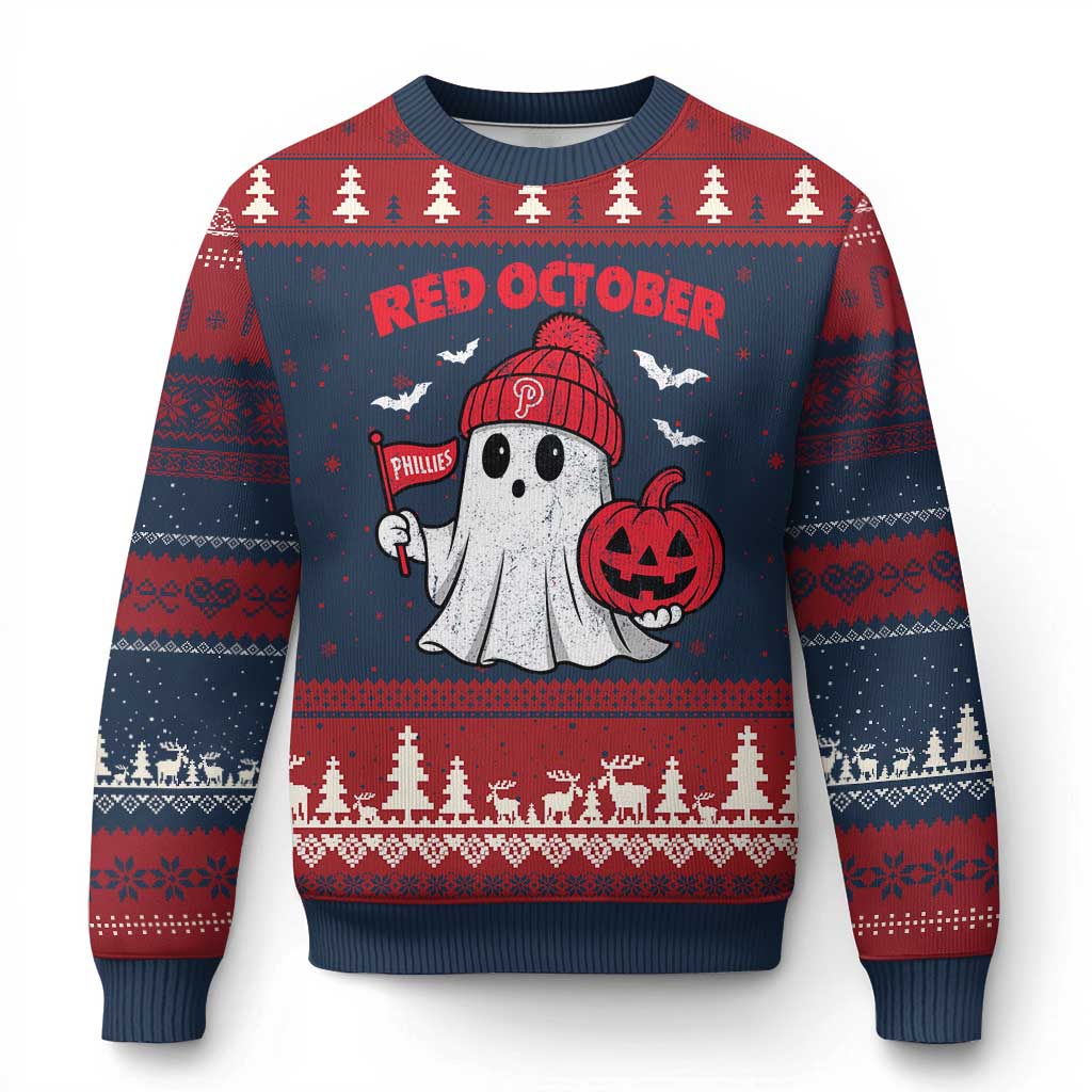 Red October Halloween Ghost Ugly Christmas Sweater Philadelphia Spooky Pumpkin Baseball Fan TS10 Navy Red Print Your Wear