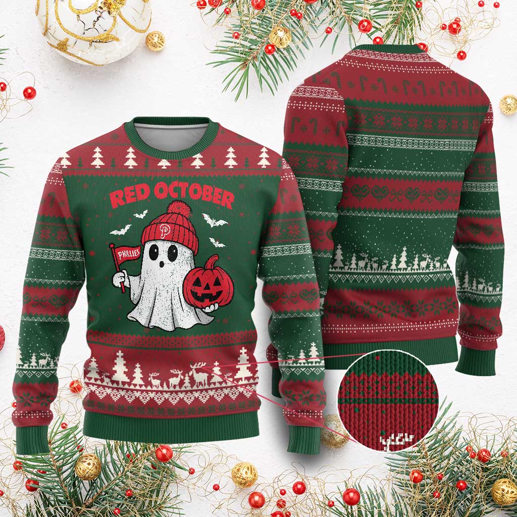 Red October Halloween Ghost Ugly Christmas Sweater Philadelphia Spooky Pumpkin Baseball Fan TS10 Red Green Print Your Wear