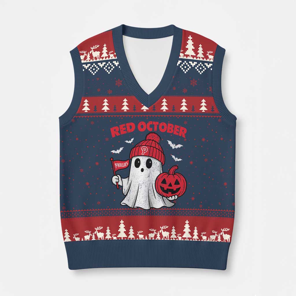 Red October Halloween Ghost V-Neck Knit Sweater Vest Philadelphia Spooky Pumpkin Baseball Fan TS10 Navy Red Print Your Wear