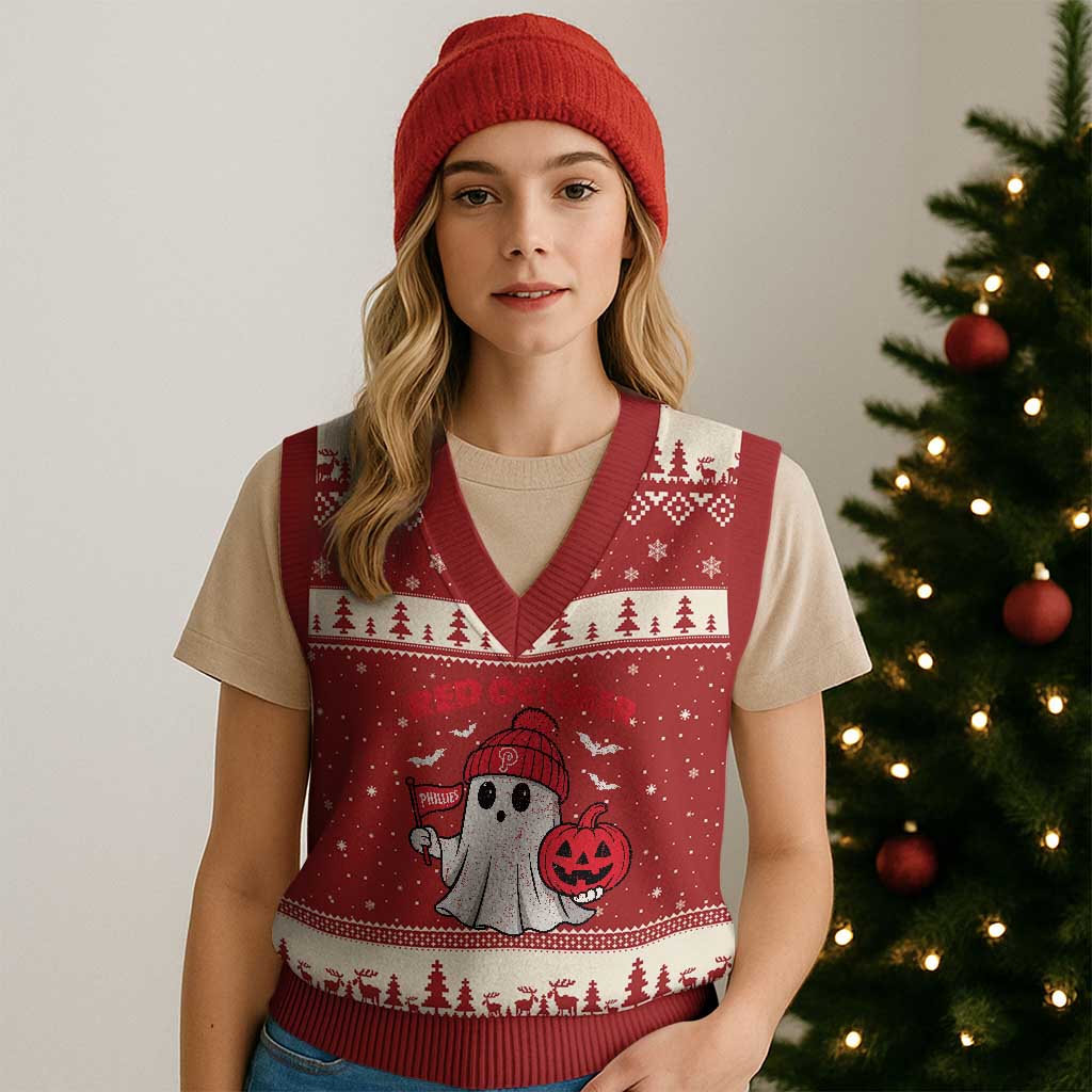 Red October Halloween Ghost V-Neck Knit Sweater Vest Philadelphia Spooky Pumpkin Baseball Fan TS10 Red Beige Print Your Wear