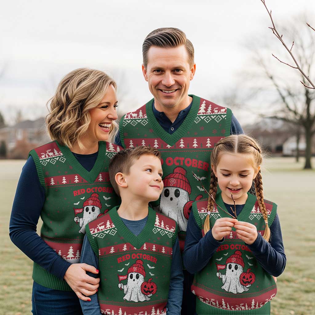 Red October Halloween Ghost V-Neck Knit Sweater Vest Philadelphia Spooky Pumpkin Baseball Fan TS10 Red Green Print Your Wear