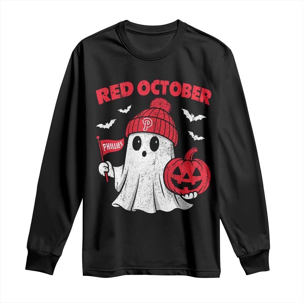 Red October Halloween Ghost Long Sleeve Shirt Philadelphia Spooky Pumpkin Baseball Fan TS10 Black Print Your Wear
