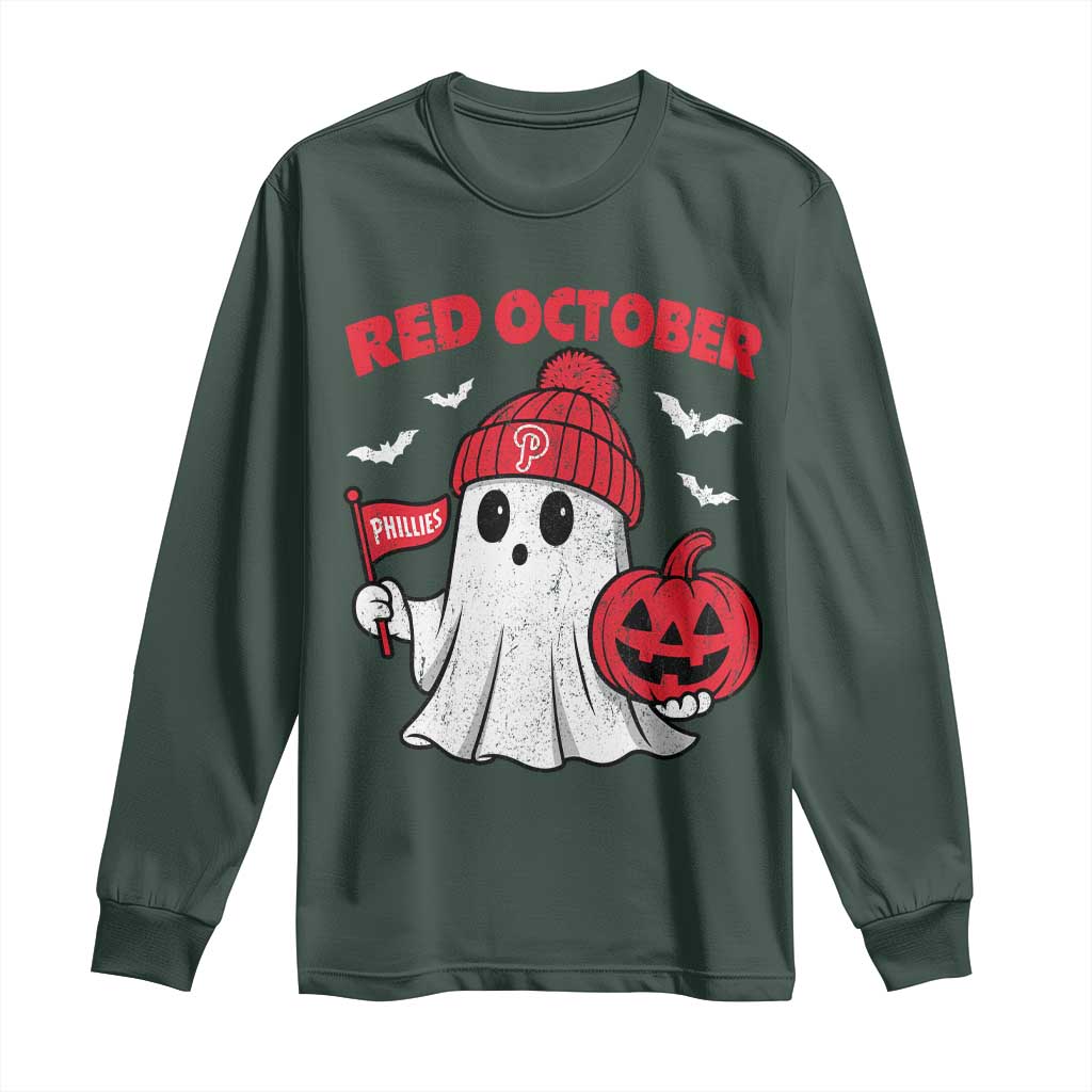 Red October Halloween Ghost Long Sleeve Shirt Philadelphia Spooky Pumpkin Baseball Fan TS10 Dark Forest Green Print Your Wear
