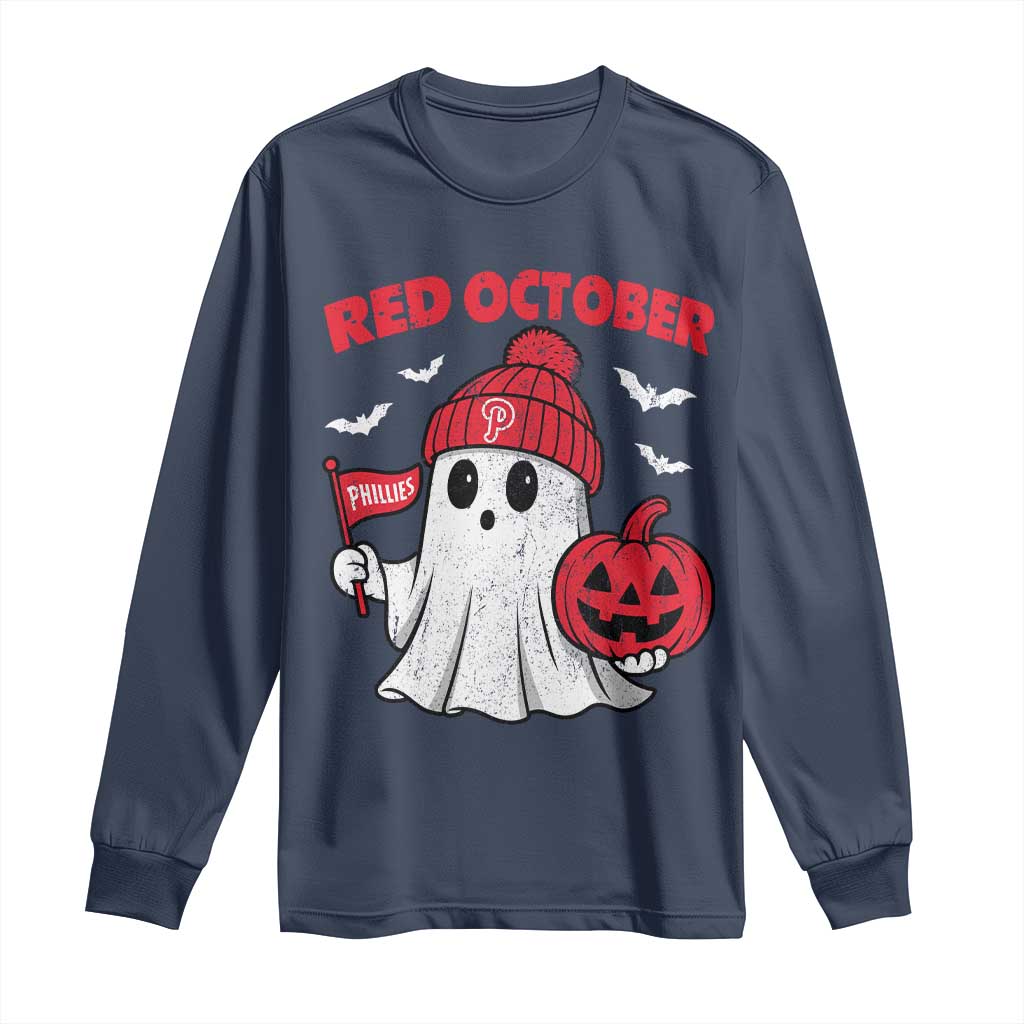 Red October Halloween Ghost Long Sleeve Shirt Philadelphia Spooky Pumpkin Baseball Fan TS10 Navy Print Your Wear