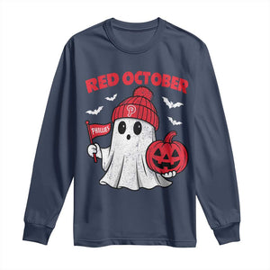 Red October Halloween Ghost Long Sleeve Shirt Philadelphia Spooky Pumpkin Baseball Fan TS10 Navy Print Your Wear
