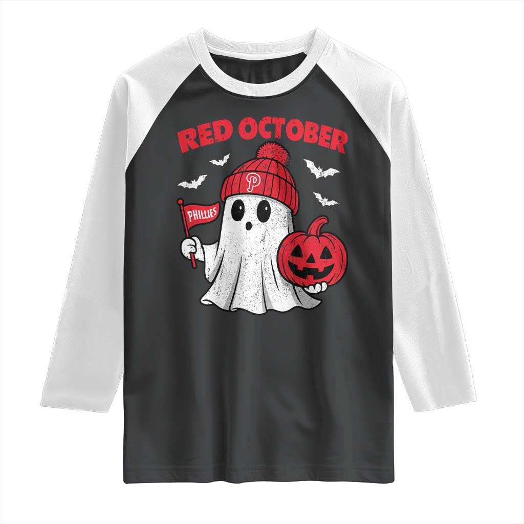 Red October Halloween Ghost Raglan Shirt Philadelphia Spooky Pumpkin Baseball Fan TS10 Black White Print Your Wear