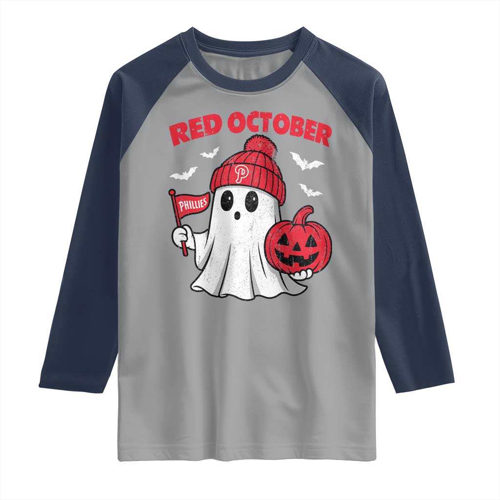 Red October Halloween Ghost Raglan Shirt Philadelphia Spooky Pumpkin Baseball Fan TS10 Sport Gray Navy Print Your Wear