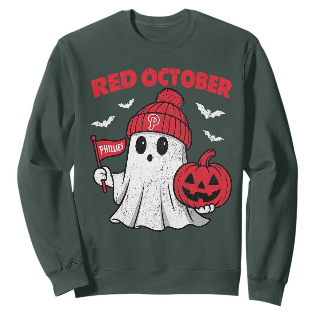 Red October Halloween Ghost Sweatshirt Philadelphia Spooky Pumpkin Baseball Fan TS10 Dark Forest Green Print Your Wear