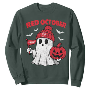 Red October Halloween Ghost Sweatshirt Philadelphia Spooky Pumpkin Baseball Fan TS10 Dark Forest Green Print Your Wear