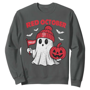 Red October Halloween Ghost Sweatshirt Philadelphia Spooky Pumpkin Baseball Fan TS10 Dark Heather Print Your Wear