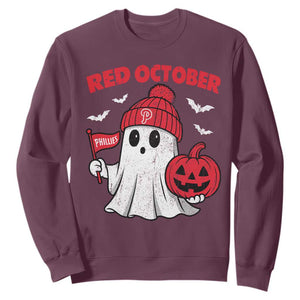 Red October Halloween Ghost Sweatshirt Philadelphia Spooky Pumpkin Baseball Fan TS10 Maroon Print Your Wear