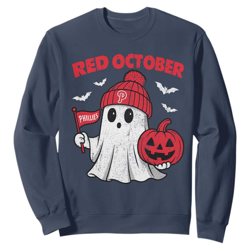 Red October Halloween Ghost Sweatshirt Philadelphia Spooky Pumpkin Baseball Fan TS10 Navy Print Your Wear