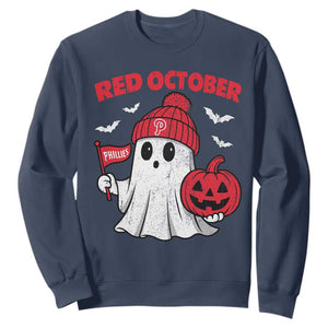 Red October Halloween Ghost Sweatshirt Philadelphia Spooky Pumpkin Baseball Fan TS10 Navy Print Your Wear